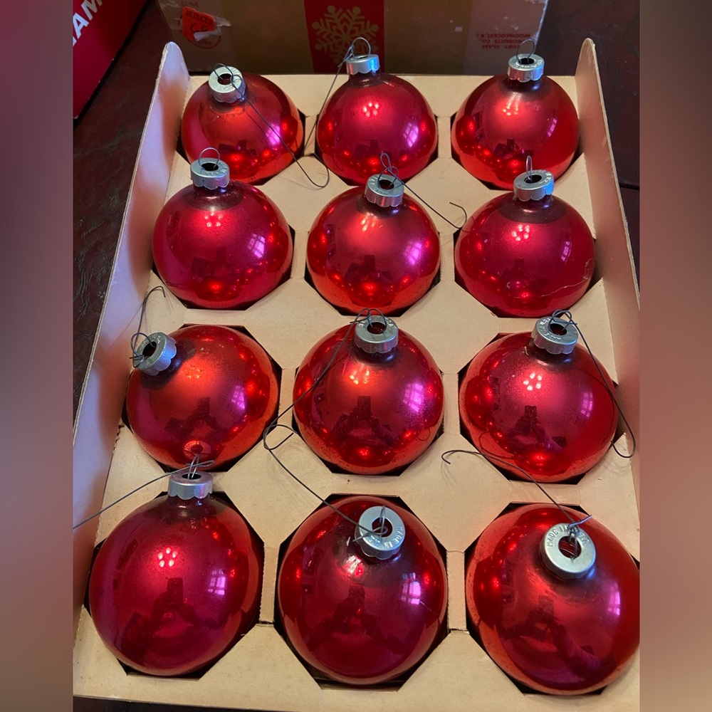 Box of 12 vintage Coby red glass ornaments - made in USA